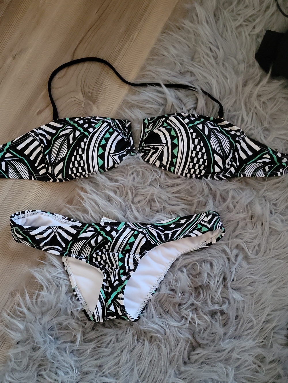Tilly's Black and White Geometric Bikini Set with Green Accents